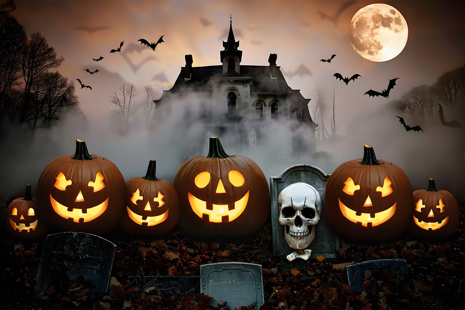 Sfondo Di Zucche Del Palazzo Del Cimitero Di Halloween RR7-378