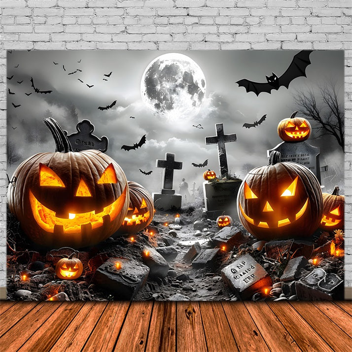 Sfondo Di Pipistrelli Di Zucca Incandescente Del Cimitero Di Halloween RR7-379