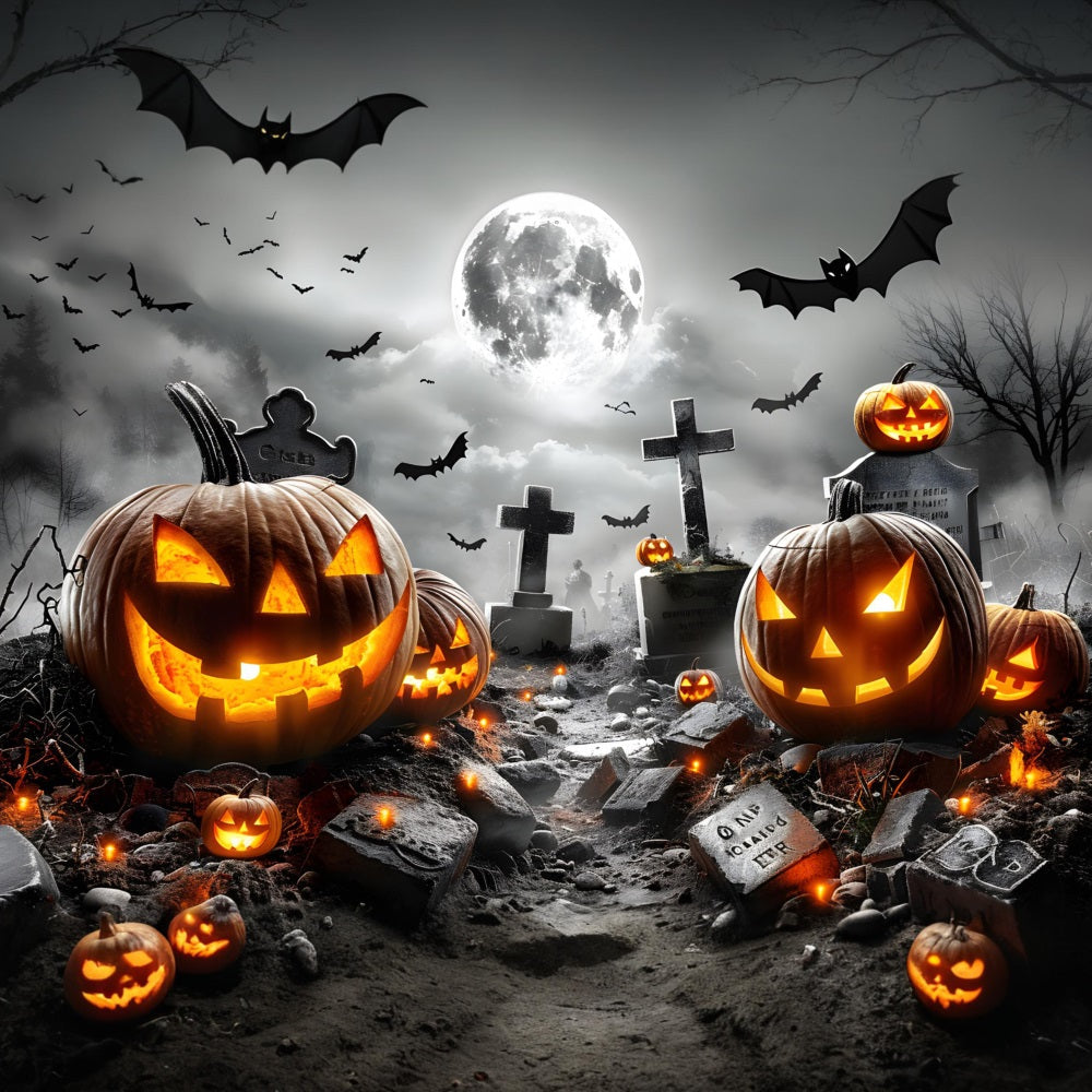 Sfondo Di Pipistrelli Di Zucca Incandescente Del Cimitero Di Halloween RR7-379