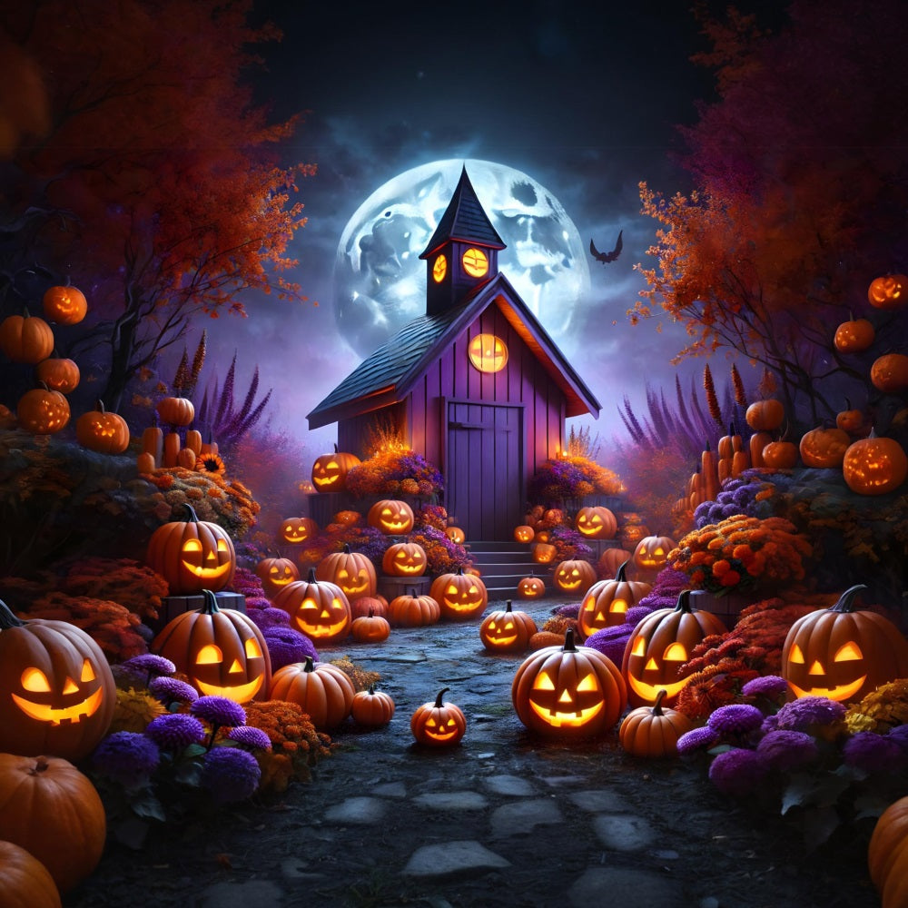 Sfondo Del Cottage Incantato Con Zucche Di Halloween RR7-380