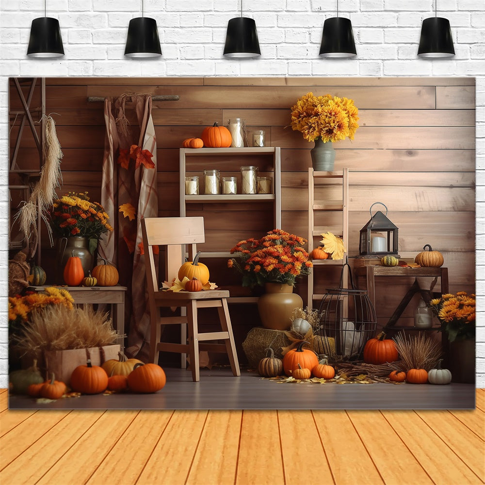 Sfondo Di Fienile Di Halloween Con Fiori Di Zucche RR7-381