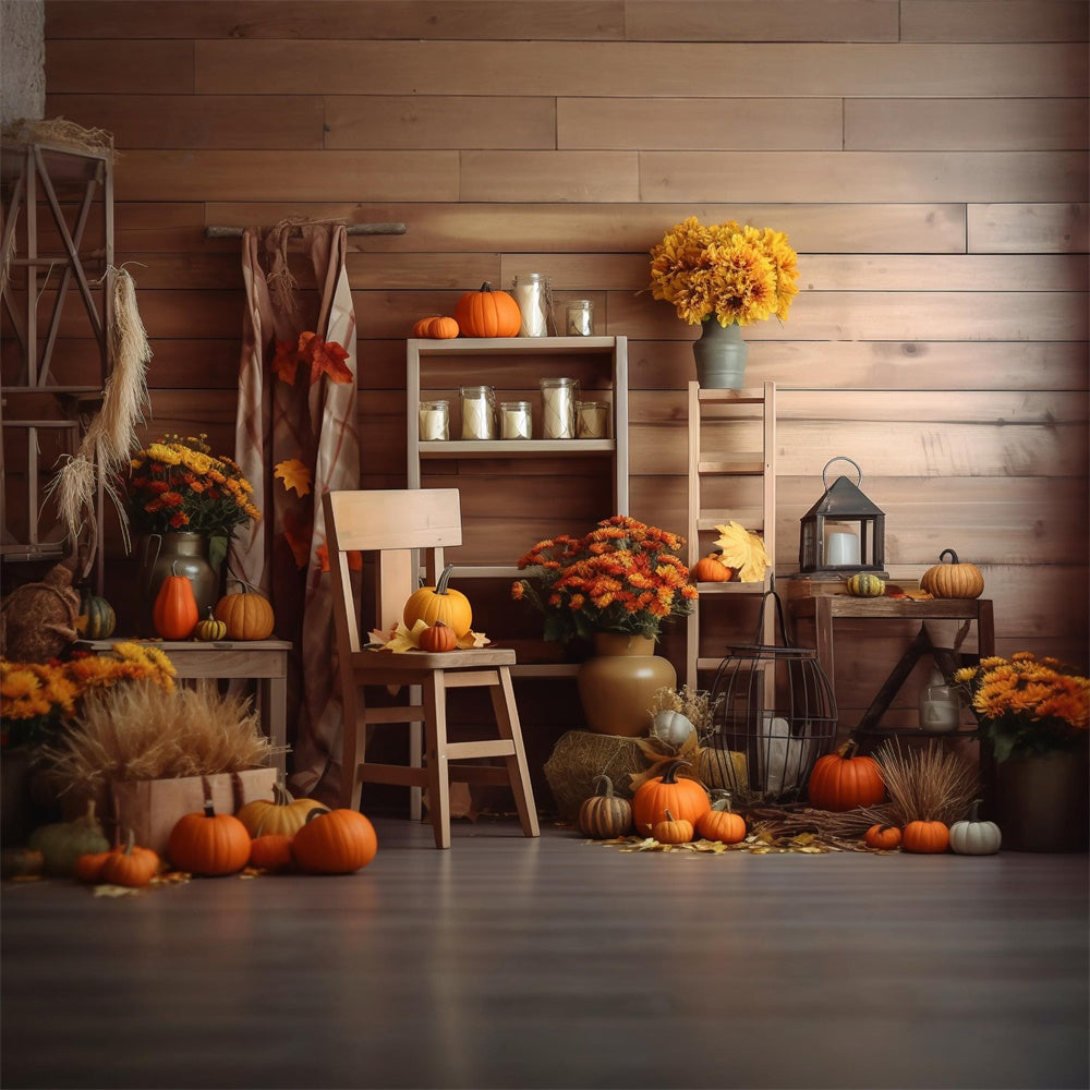 Sfondo Di Fienile Di Halloween Con Fiori Di Zucche RR7-381