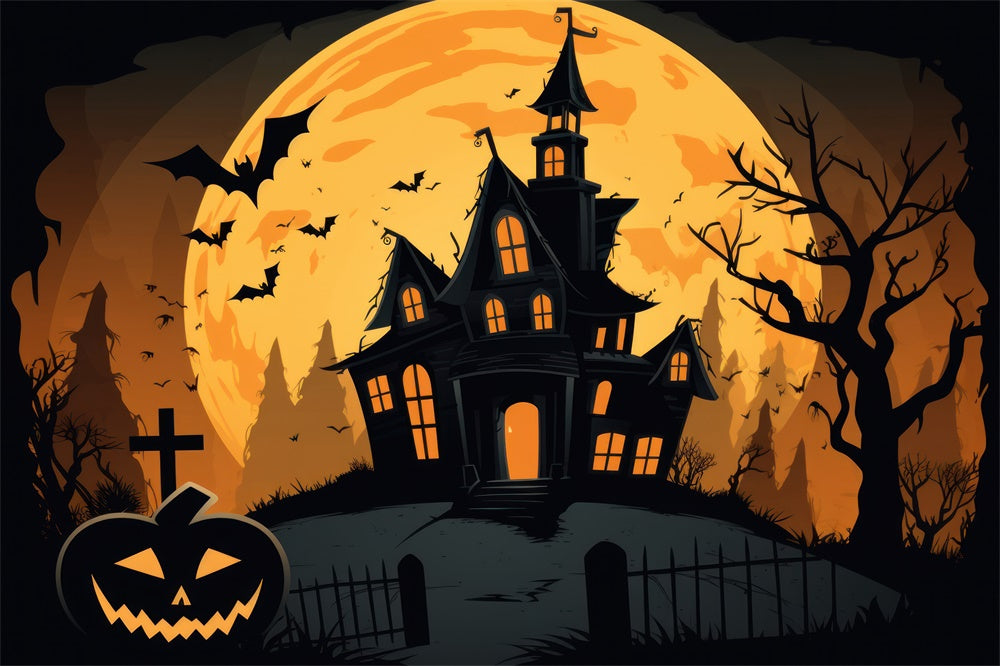 Sfondo Di Pipistrelli Della Luna Piena Di Halloween Ghost House RR7-385