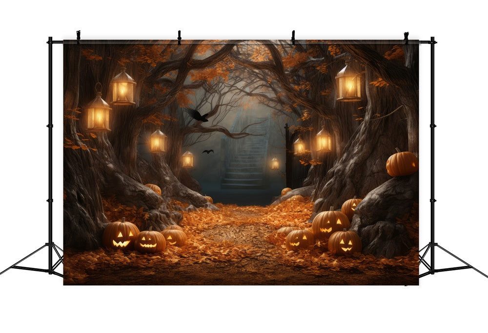 Sfondo Di Halloween Con Lanterne Di Zucca E Grande Albero RR7-386