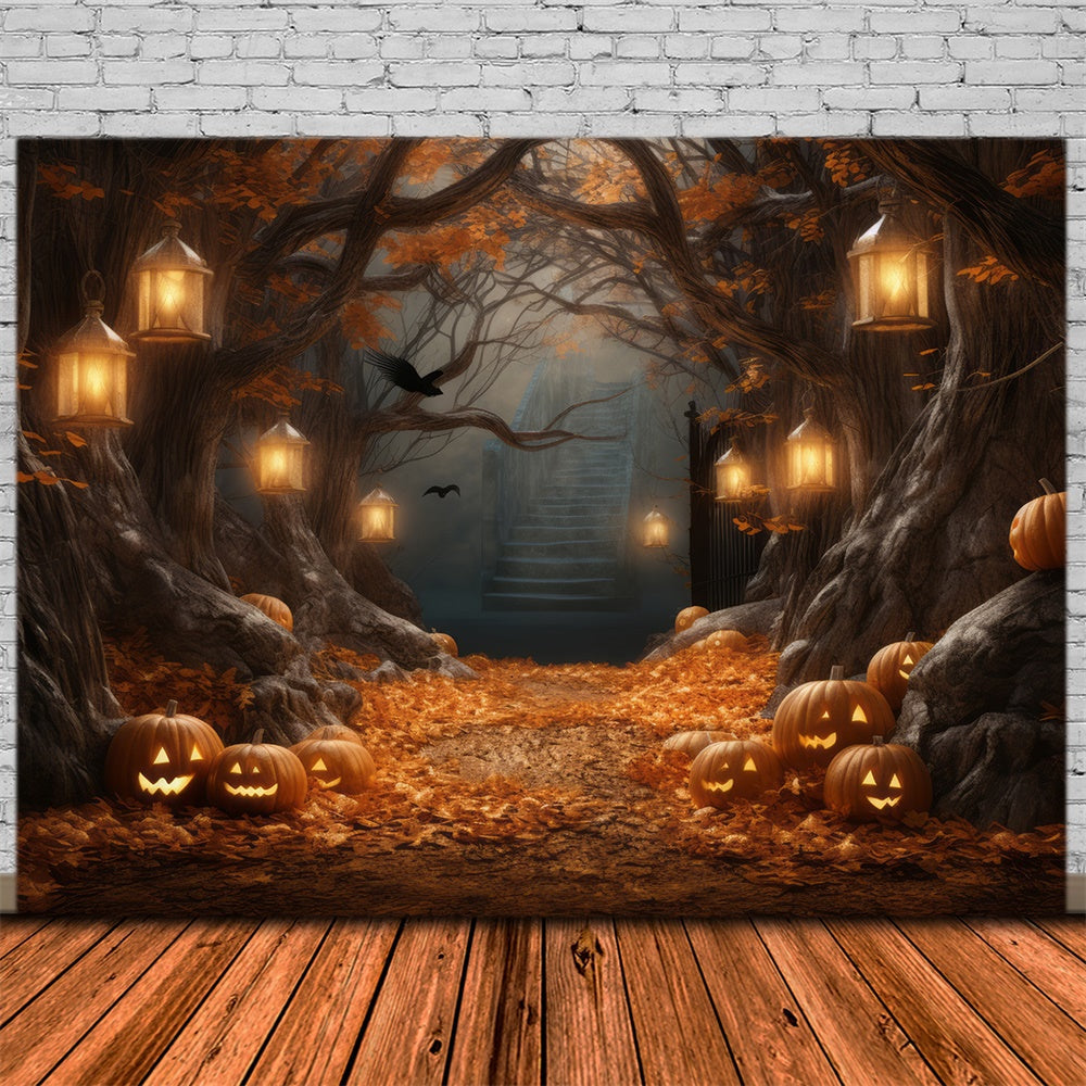 Sfondo Di Halloween Con Lanterne Di Zucca E Grande Albero RR7-386