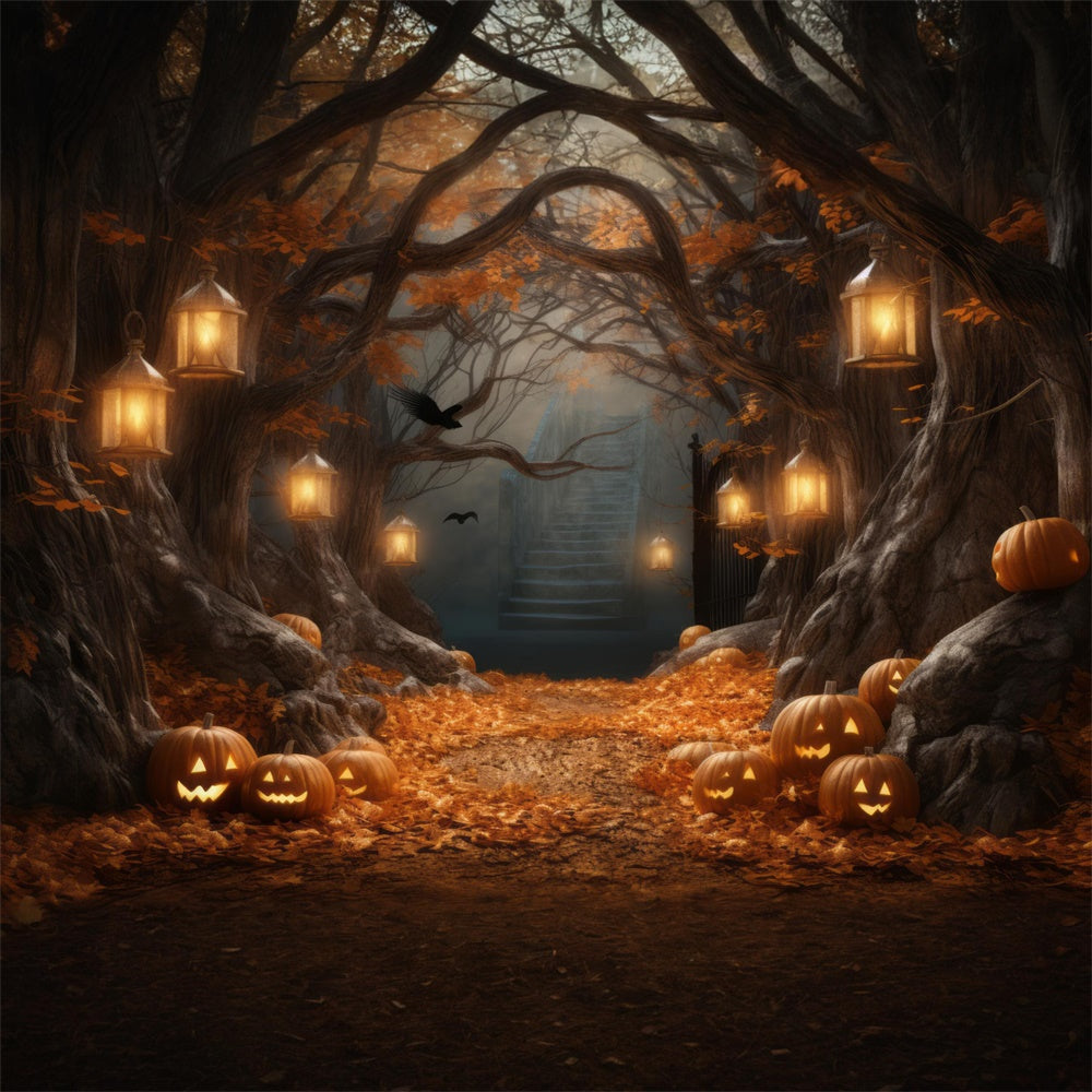 Sfondo Di Halloween Con Lanterne Di Zucca E Grande Albero RR7-386