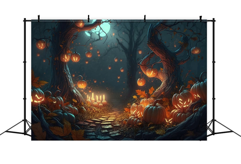Sfondo Di Candele Con Zucche Di Notte Nella Foresta Di Halloween RR7-387