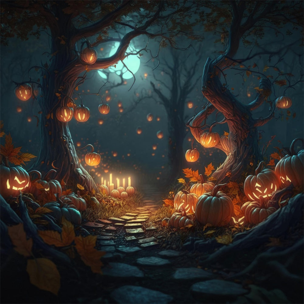 Sfondo Di Candele Con Zucche Di Notte Nella Foresta Di Halloween RR7-387
