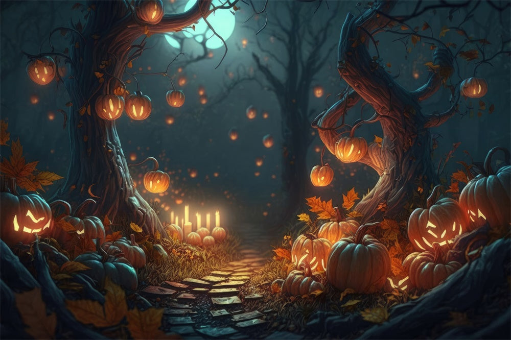 Sfondo Di Candele Con Zucche Di Notte Nella Foresta Di Halloween RR7-387