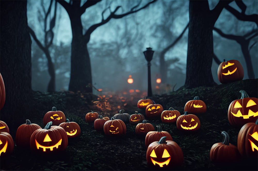Sfondo Di Zucche Di Alberi Della Foresta Di Notte Di Halloween RR7-396