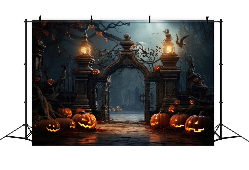 Sfondo Di Zucche Con Cancello Del Cimitero Spaventoso Di Halloween RR7-402