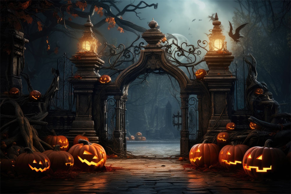 Sfondo Di Zucche Con Cancello Del Cimitero Spaventoso Di Halloween RR7-402