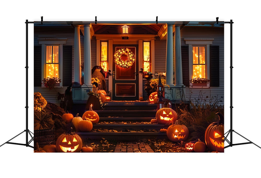 Sfondo Di Casa Con Porta Di Zucca Di Notte Di Halloween RR7-406