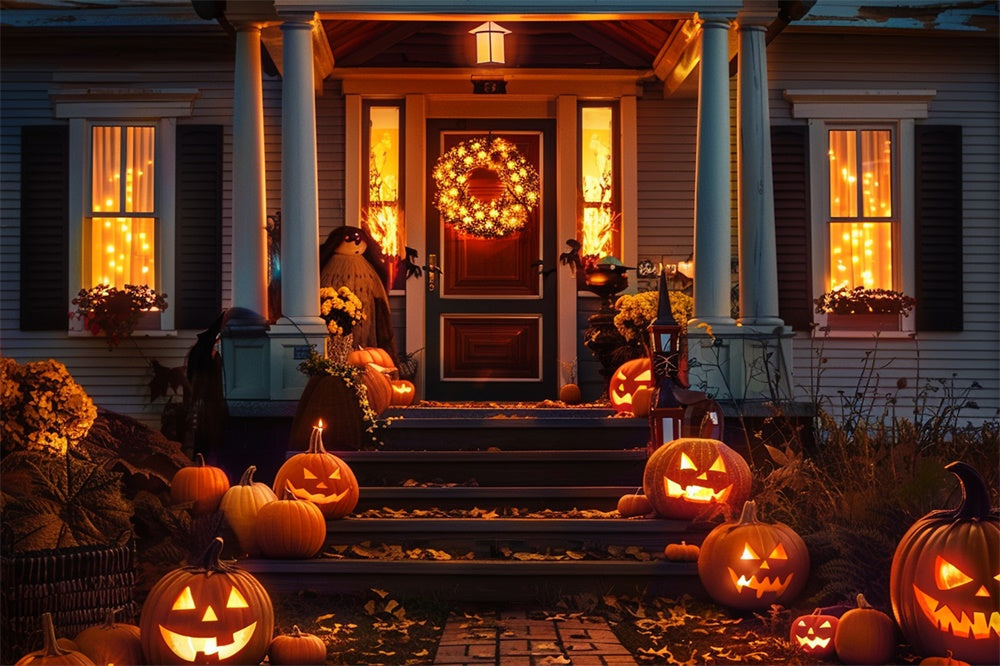 Sfondo Di Casa Con Porta Di Zucca Di Notte Di Halloween RR7-406