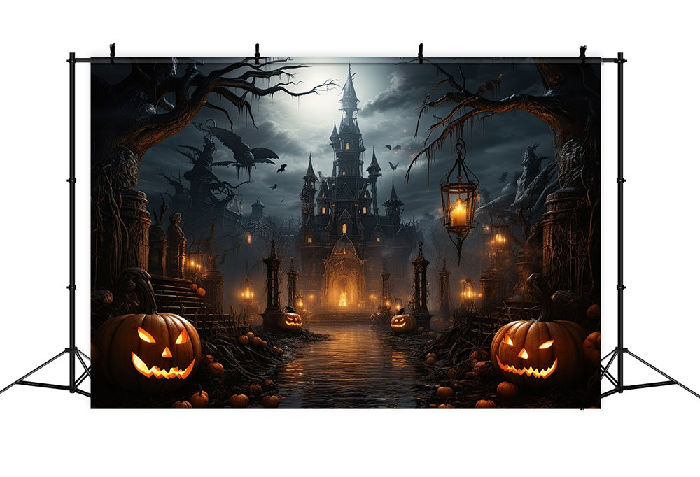 Sfondo Di Zucca Di Pipistrelli Del Castello Spaventoso Di Halloween RR7-409