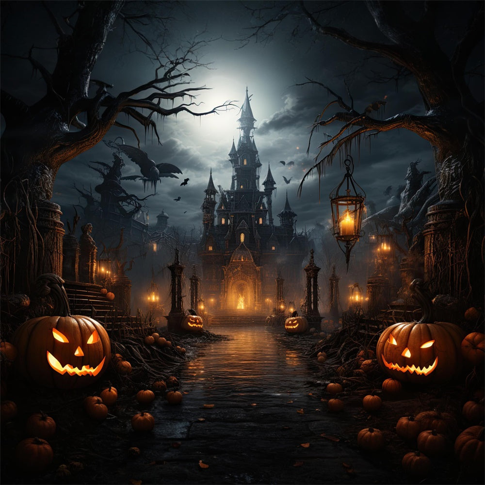 Sfondo Di Zucca Di Pipistrelli Del Castello Spaventoso Di Halloween RR7-409