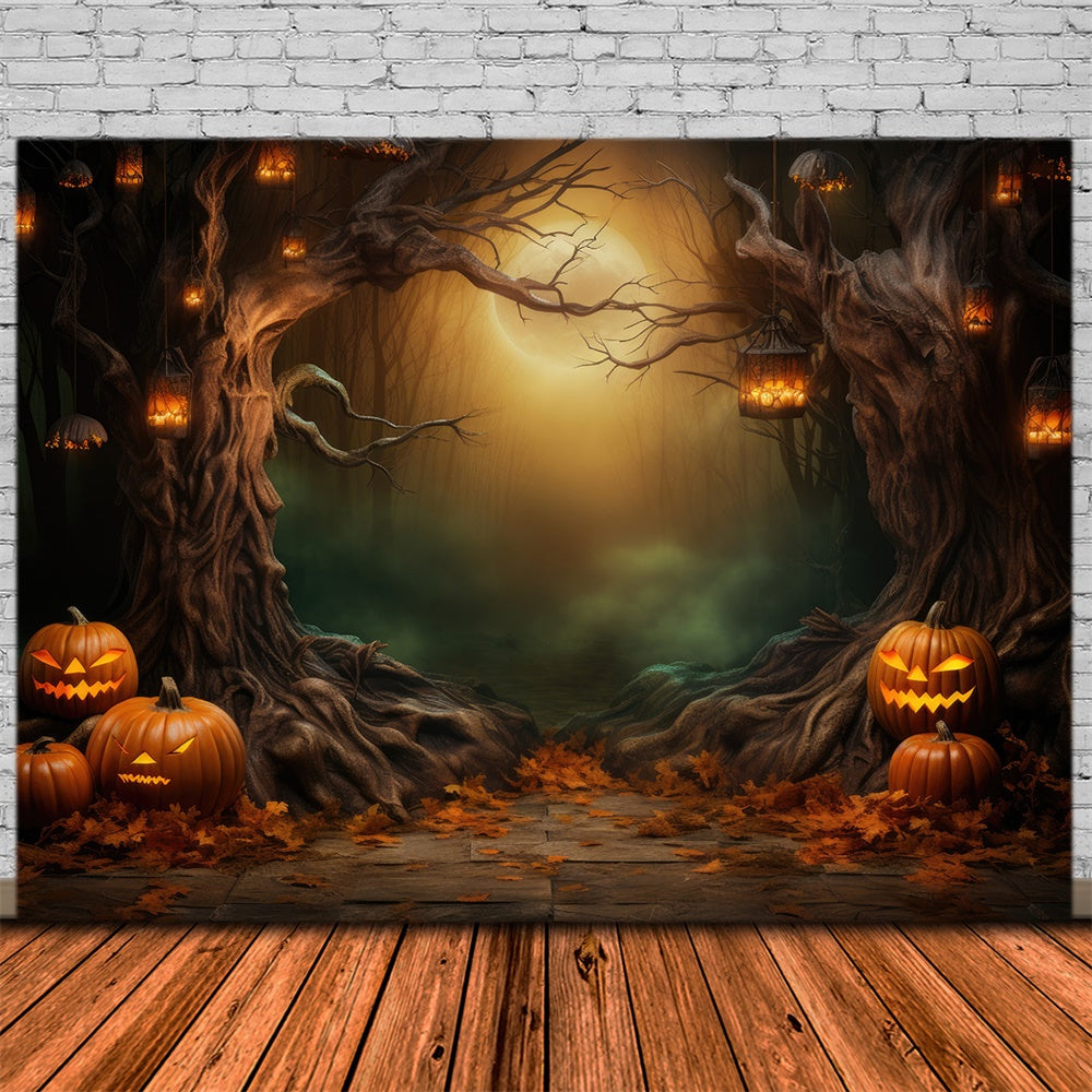 Sfondo Di Zucche Di Halloween Con Luna E Foresta Oscura RR7-419