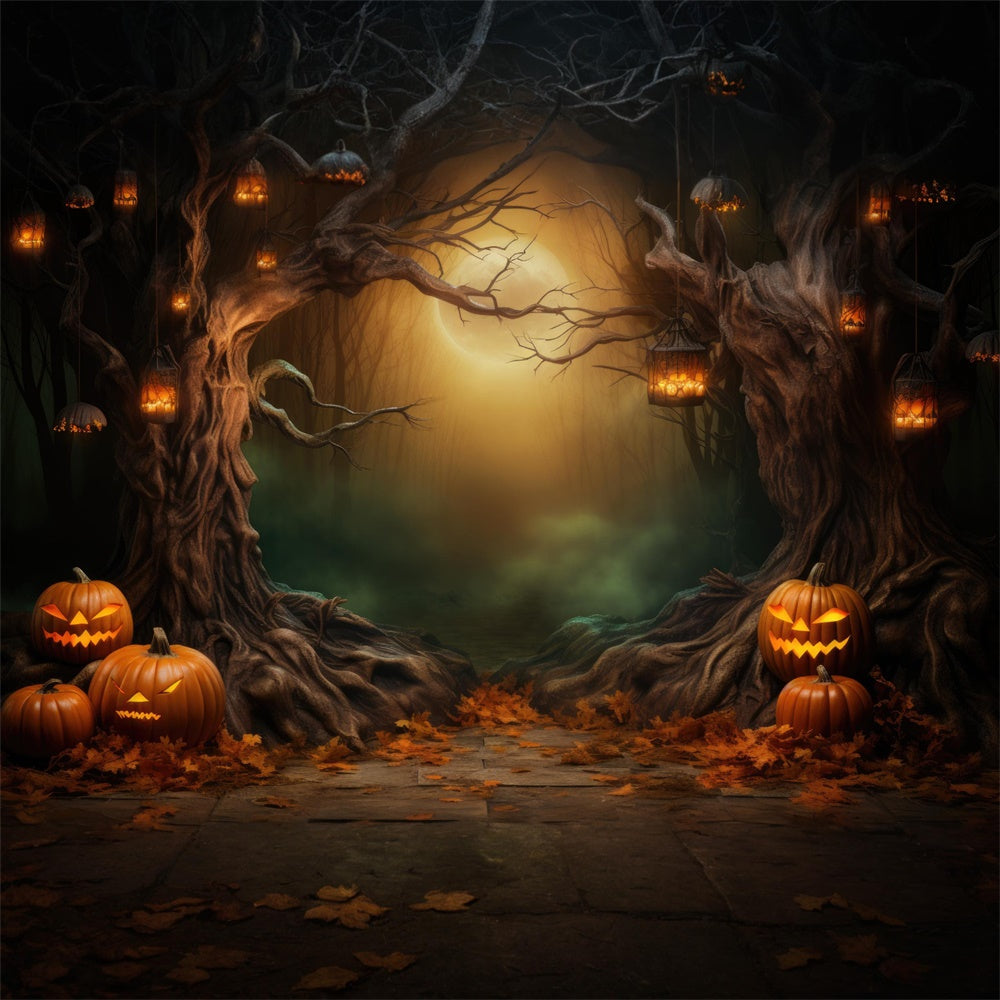 Sfondo Di Zucche Di Halloween Con Luna E Foresta Oscura RR7-419
