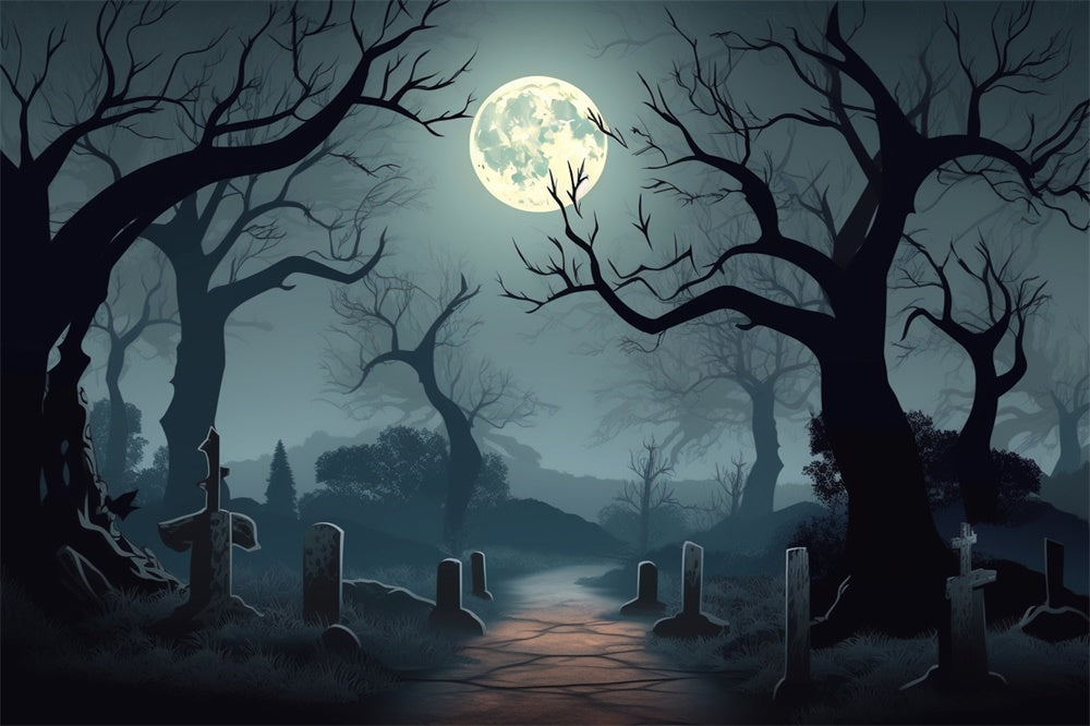 Sfondo Del Cimitero Di Notte Di Luna Piena Di Halloween RR7-425