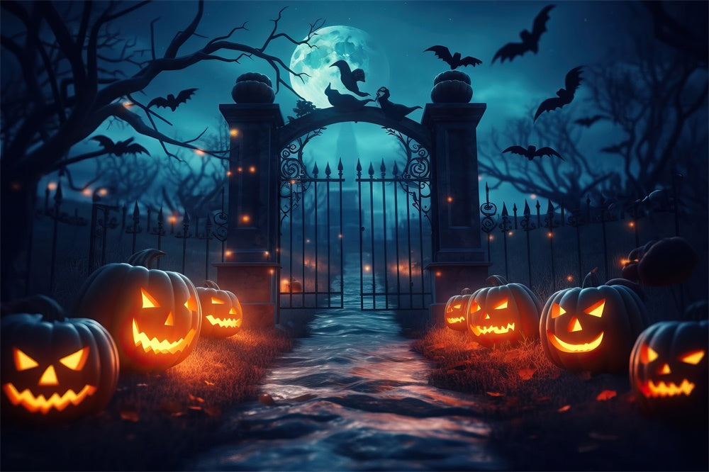Sfondo Di Halloween Con Zucca Spettrale Porta Del Cimitero RR7-426