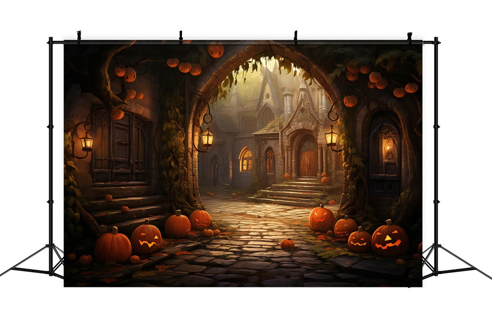 Sfondo Di Zucche Con Arco In Pietra Per Case Di Halloween RR7-427
