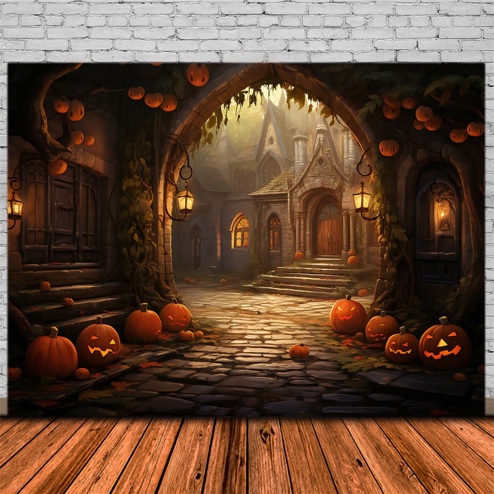 Sfondo Di Zucche Con Arco In Pietra Per Case Di Halloween RR7-427