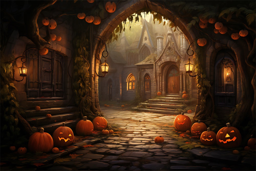 Sfondo Di Zucche Con Arco In Pietra Per Case Di Halloween RR7-427