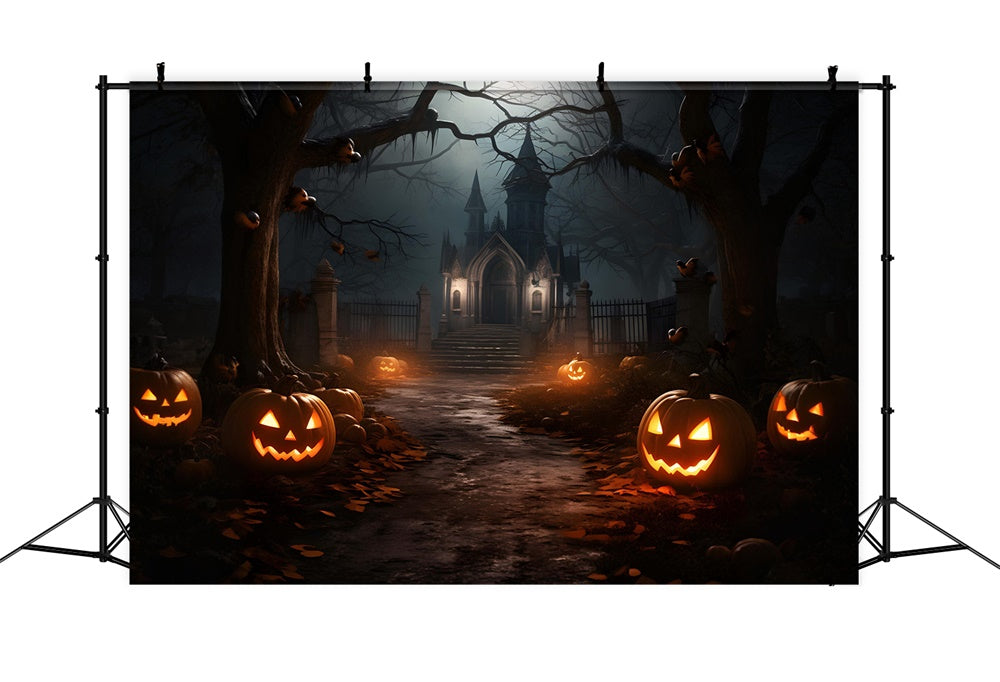 Sfondo Del Castello Infestato Di Notte Della Foresta Di Halloween RR7-435