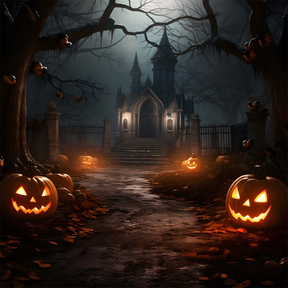 Sfondo Del Castello Infestato Di Notte Della Foresta Di Halloween RR7-435