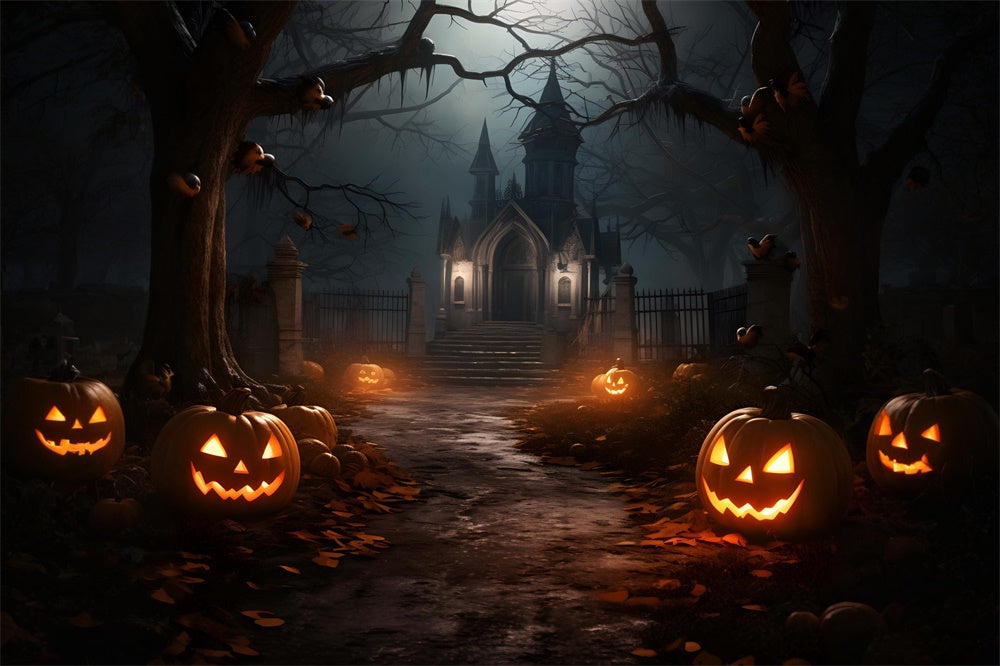 Sfondo Del Castello Infestato Di Notte Della Foresta Di Halloween RR7-435