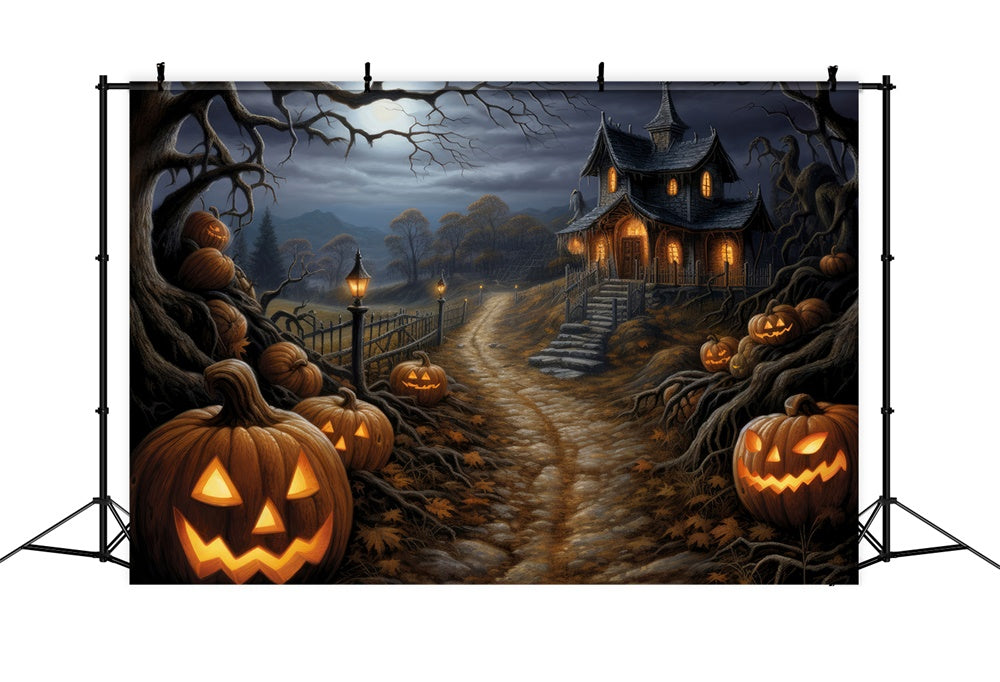Sfondo Di Zucca Della Cabina Della Foresta Dell'Orrore Di Halloween RR7-439