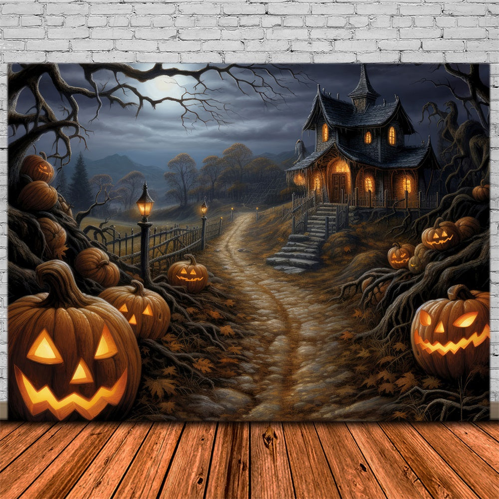 Sfondo Di Zucca Della Cabina Della Foresta Dell'Orrore Di Halloween RR7-439