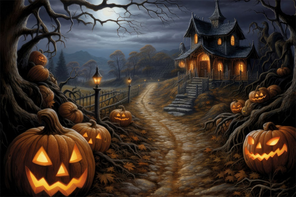 Sfondo Di Zucca Della Cabina Della Foresta Dell'Orrore Di Halloween RR7-439