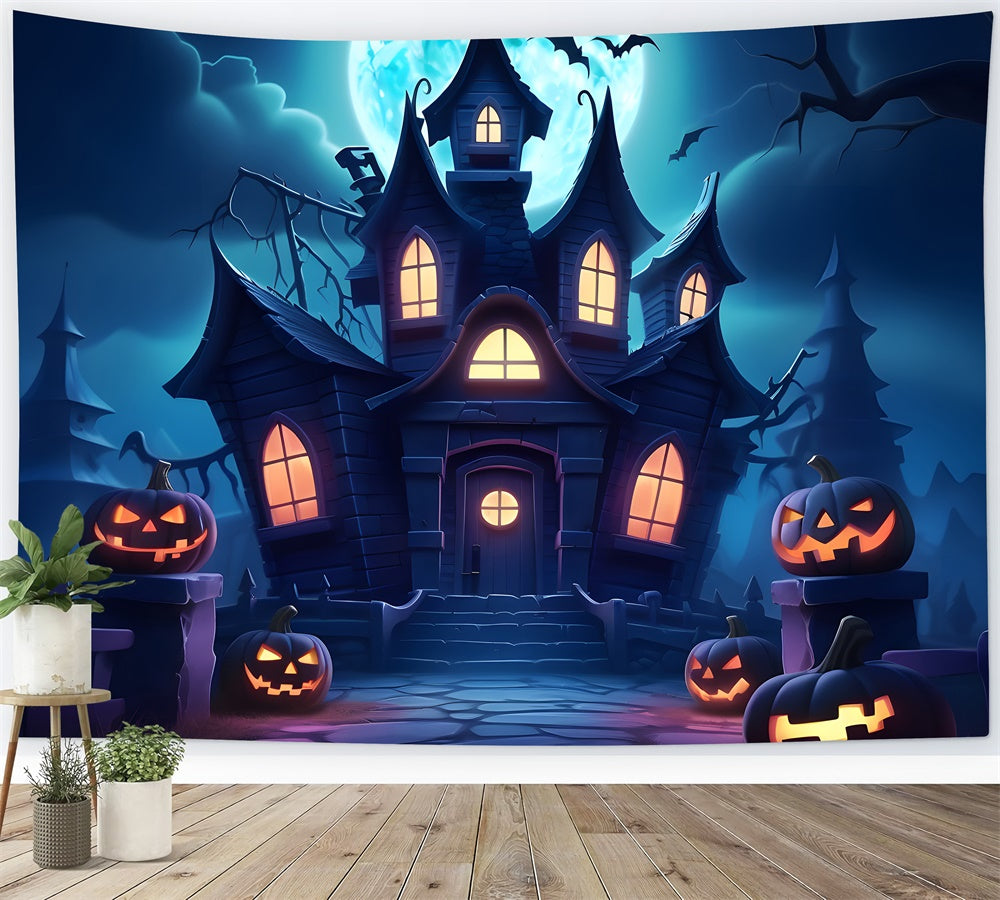 Sfondo Della Luna Della Casa Stregata Della Notte Di Halloween RR7-440