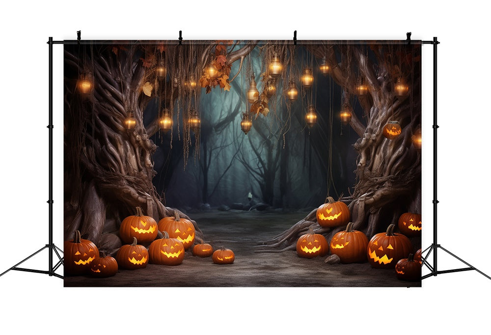 Sfondo Di Zucca Con Luci A Corda Della Foresta Di Halloween RR7-443