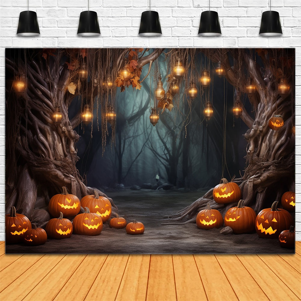 Sfondo Di Zucca Con Luci A Corda Della Foresta Di Halloween RR7-443