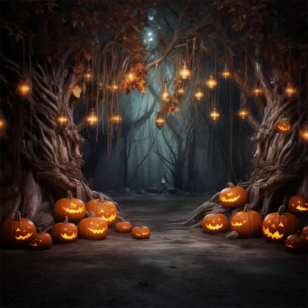 Sfondo Di Zucca Con Luci A Corda Della Foresta Di Halloween RR7-443