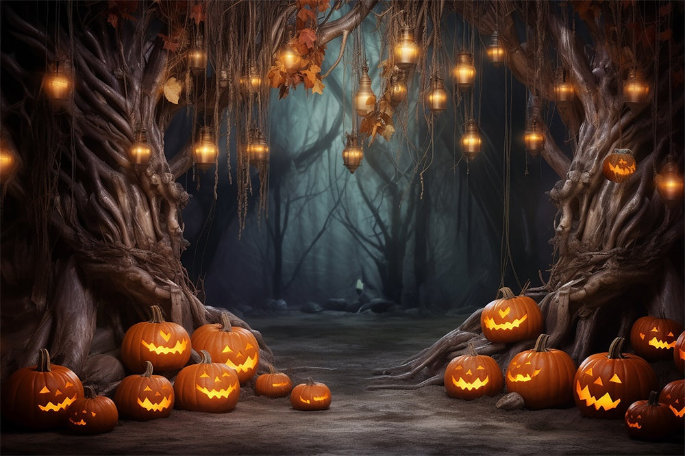 Sfondo Di Zucca Con Luci A Corda Della Foresta Di Halloween RR7-443