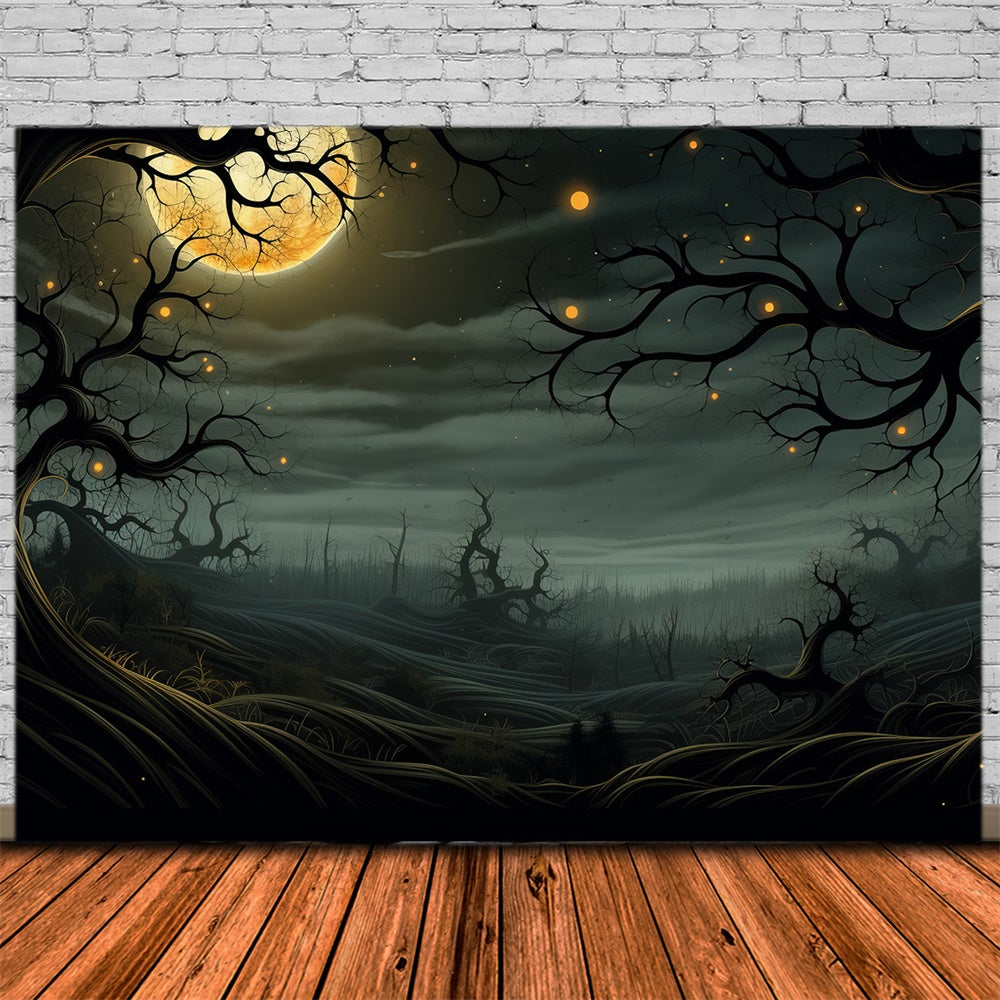 Sfondo Di Alberi Luminosi Del Cimitero Al Chiaro Di Luna Di Halloween RR7-448