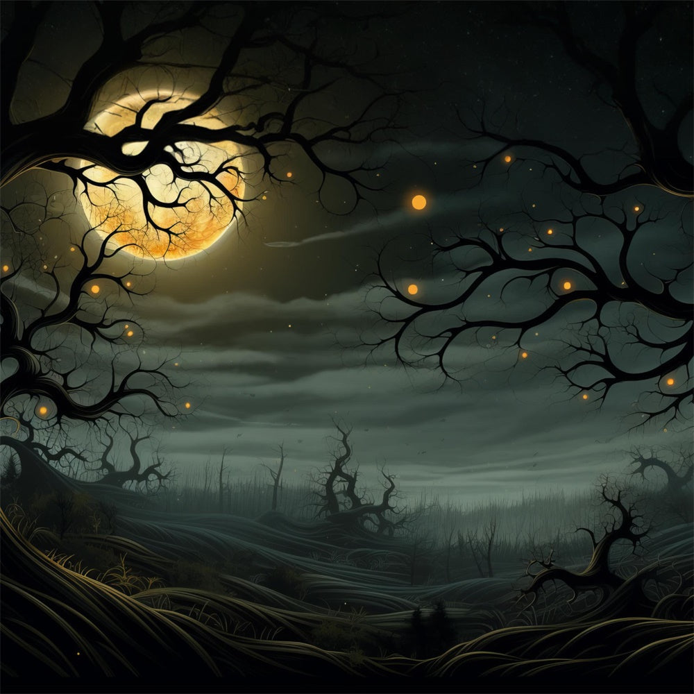 Sfondo Di Alberi Luminosi Del Cimitero Al Chiaro Di Luna Di Halloween RR7-448
