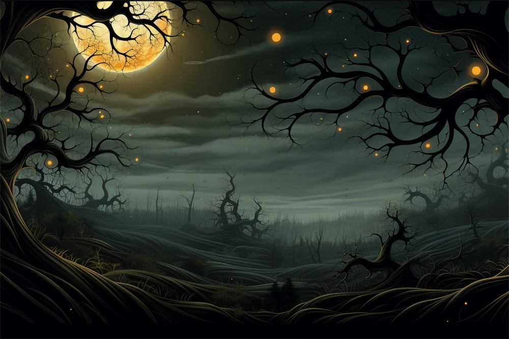 Sfondo Di Alberi Luminosi Del Cimitero Al Chiaro Di Luna Di Halloween RR7-448