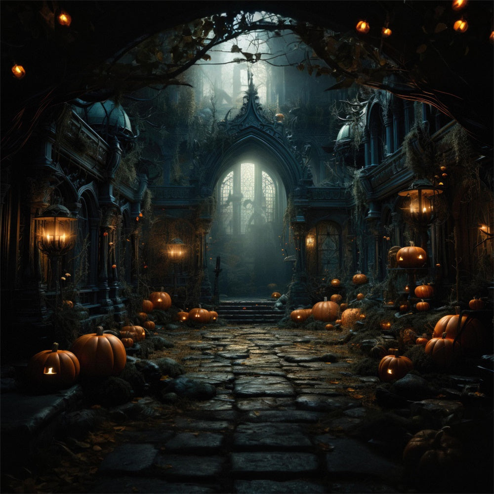 Sfondo Di Halloween Con Lanterne Di Zucca Del Vecchio Castello RR7-451