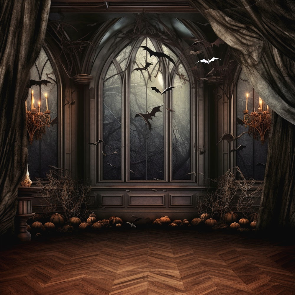 Sfondo Di Candela Con Pipistrelli Da Finestra Horror Di Halloween RR7-459