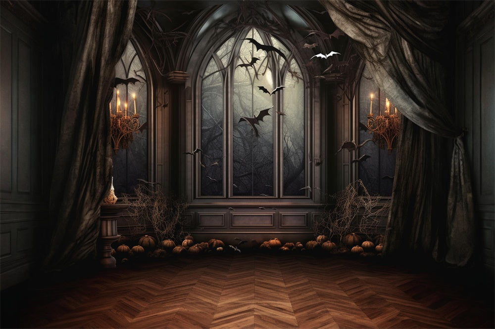 Sfondo Di Candela Con Pipistrelli Da Finestra Horror Di Halloween RR7-459