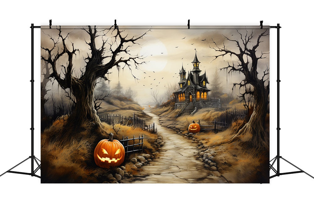 Sfondo Di Zucca Con Percorso Del Castello Spaventoso Di Halloween RR7-460
