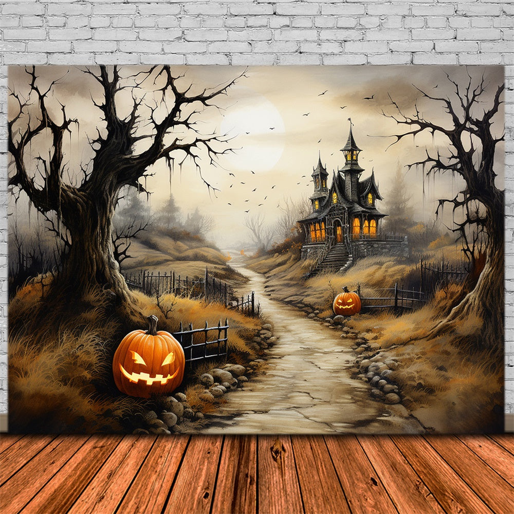Sfondo Di Zucca Con Percorso Del Castello Spaventoso Di Halloween RR7-460