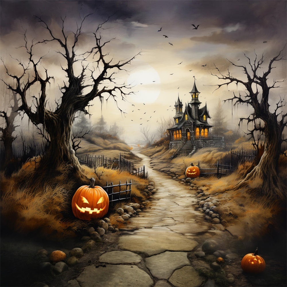 Sfondo Di Zucca Con Percorso Del Castello Spaventoso Di Halloween RR7-460