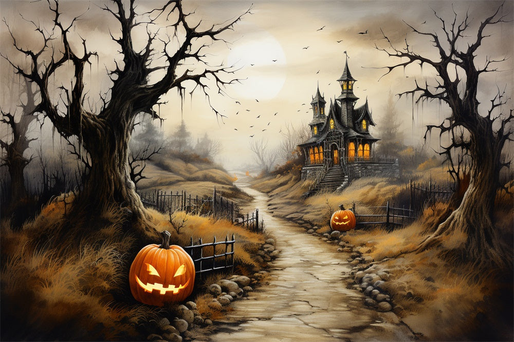 Sfondo Di Zucca Con Percorso Del Castello Spaventoso Di Halloween RR7-460