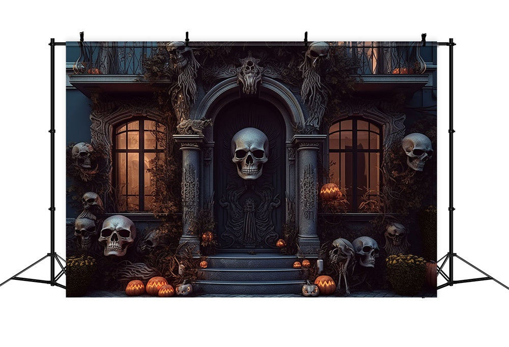 Sfondo Di Halloween Con Teschio E Porta Di Casa Spettrale RR7-462