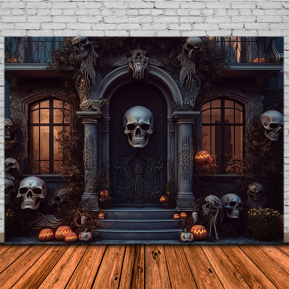 Sfondo Di Halloween Con Teschio E Porta Di Casa Spettrale RR7-462